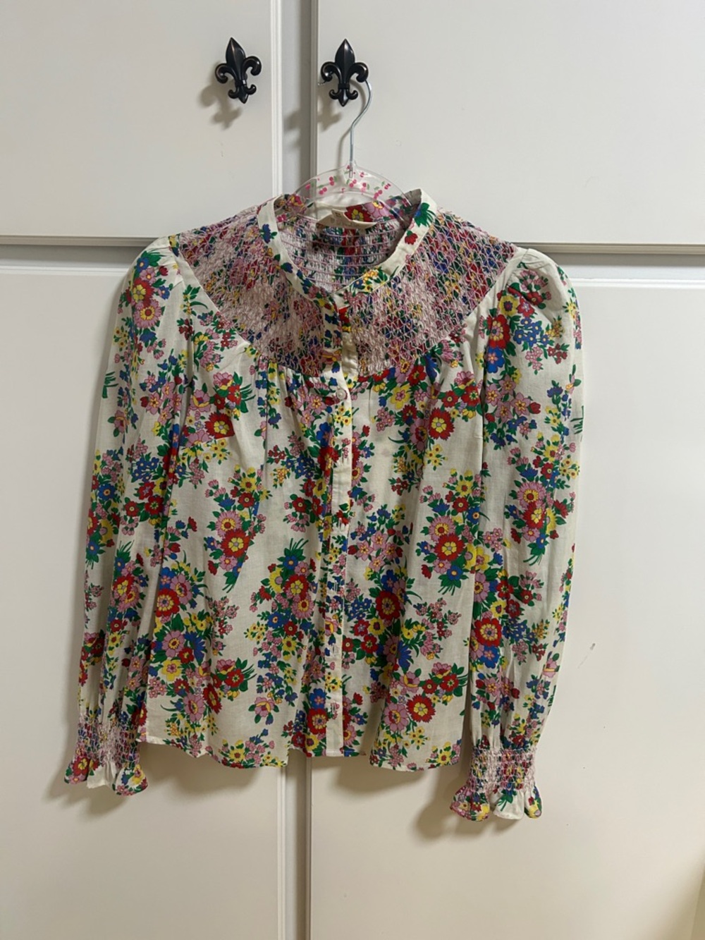 Floral Smocked Neck Long-Sleeve Blouse - Cream